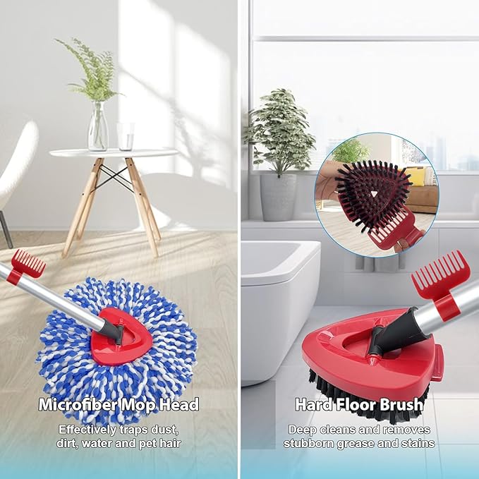 Fatmass Spin Mop Head and Brush Replacement Compatible with O Cedar RinseClean 2-Tank System, 4 Mop Replace Heads, 1 Handle, 1 Base and 1 Scrub Brush Combo Set