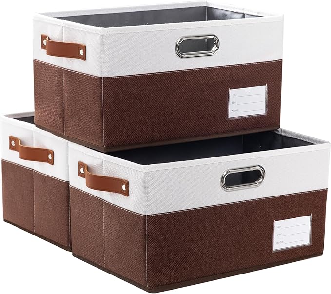 PRANDOM Foldable Storage Bins (3-Pack) - Brown & White - Closet/Room Storage