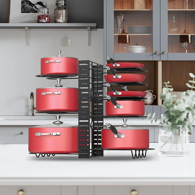 Podxco Pot and Pan Organizer for Under Cabinet, 8 Tiers Adjustable Pan Organizers Inside Cabinet with 3 DIY Methods, Upgrade of Pan Organizer Balance Ability, Kitchen Pan Rack Organizer for Cabinet