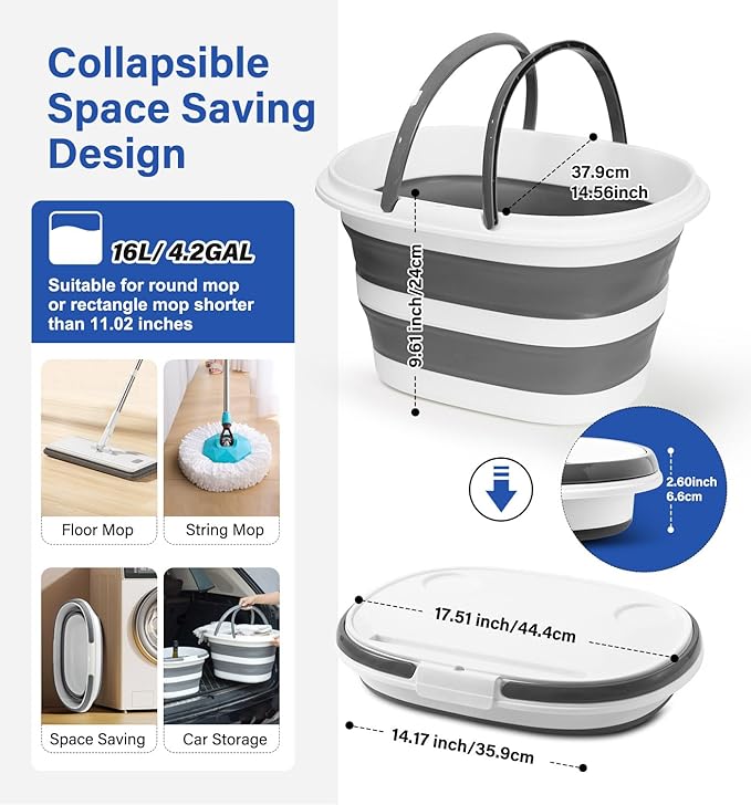 Lesipee Upgraded 16L Collapsible Mop Bucket with Multi-Functional Lid, 4-in-1 Foldable Silicone Tub with Table Surface, Floor Stand, Space Saving 4.2 Gallon Storage Solution for Home & Outdoor