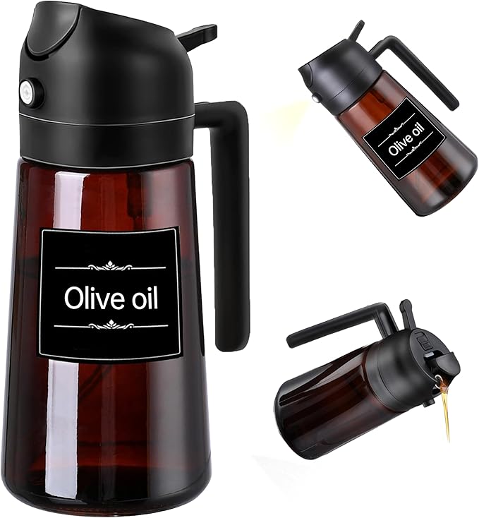Olive Oil Dispenser, Sprayer for Cooking 2 in 1- Spray and Pour, Premium Dark Black Glass Oil Bottle, 16oz/470ml Light-Blocking Dark Oil Sprayer, for Air Fryer, BBQ, Salad