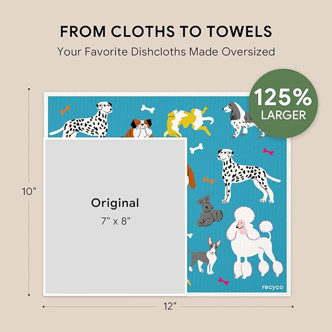 RECYCO Swedish Dishcloths for Kitchen | 4 Pack Oversized Washable Dish Rags | Large Cellulose Reusable Cleaning Paper Towels | Absorbent Counter Dish Cloth Sponge XL Kitchen Wipes, 12" L x 10" W