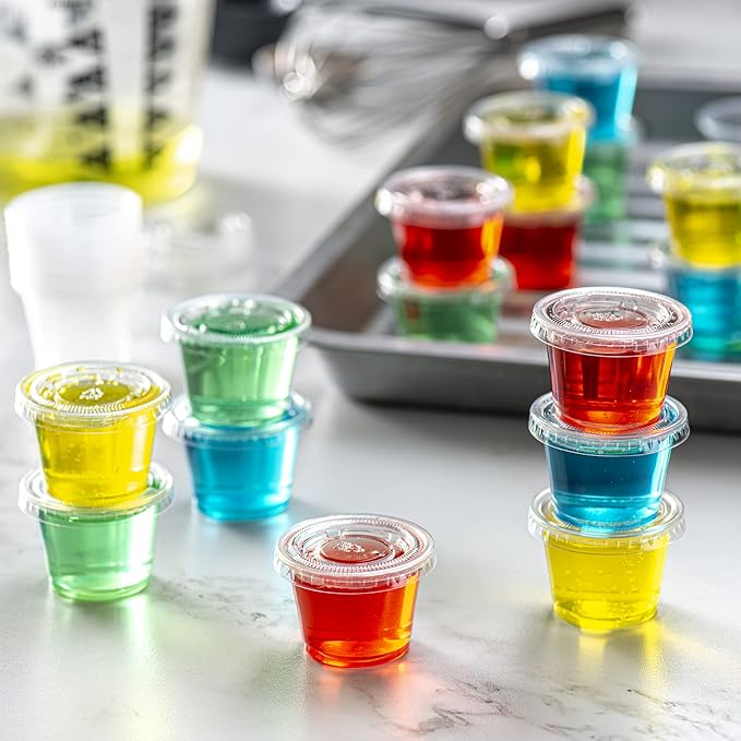 Pantry Value 1 oz Jello Shot Cups with Lids [100 Count] Clear Disposable Plastic Portion Containers, Condiment Cups for Sauces, Dressings & Samples - Durable, Stackable, Leak-Resistant