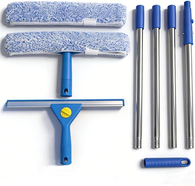 68" Window Washing Kit with Extension Pole, Long Handle Window Squeegee and Scrubber, Window Cleaner Tool for High Outdoor Windows, Glass