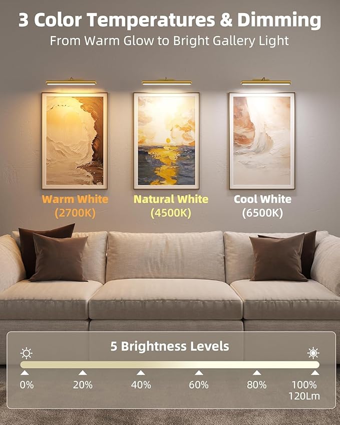 EZVALO 16" Picture Lights for Wall, Rechargeable 6000mAh Painting Lights with Remote, Wireless Dimmable 3 Color Temperatures Art Lights for Gallery, Living Room, Hallway (Gold, 3 Pack)