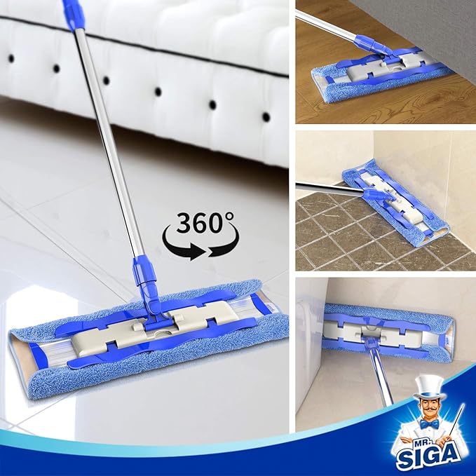 MR.SIGA Professional Microfiber Mop for Hardwood, Laminate, Tile Floor Cleaning, Stainless Steel Telescopic Handle - 3 Reusable Flat Mop Refills and 1 Dirt Removal Scrubber Included