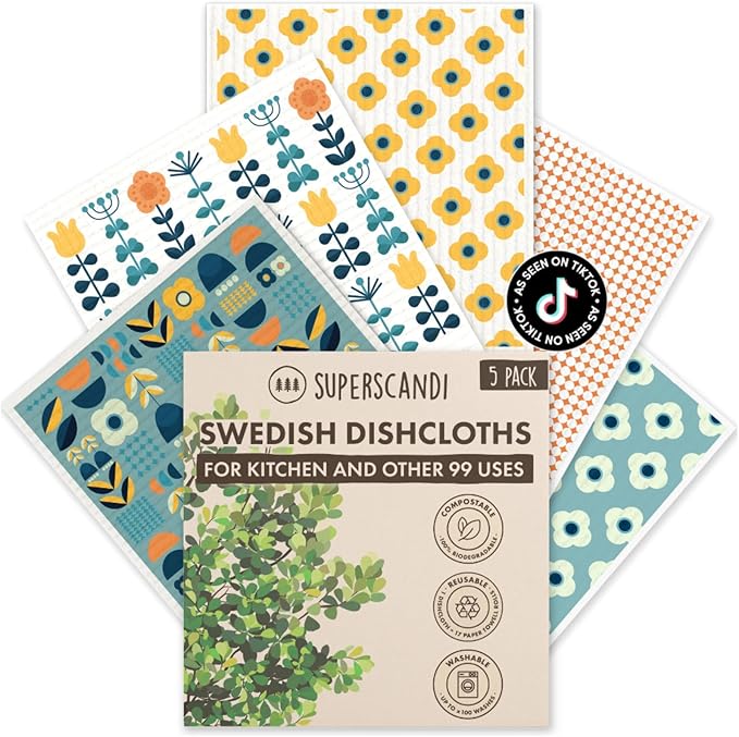SUPERSCANDI 5 Pack Swedish Dishcloths for Kitchen - 100% Biodegradable & Compostable | Reusable Paper Towels Washable, Food-Safe & Without Plastic - Dish Rags Suitable for Any Surface | Scandi Design