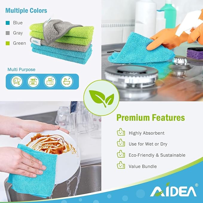AIDEA Microfiber Cleaning Cloth-150PK, Soft Microfiber Towels for Cars, Absorbent Cleaning Rags, Lint-Free Streak-Free Wash Cloths for House, Kitchen, Window(12in.x12in)