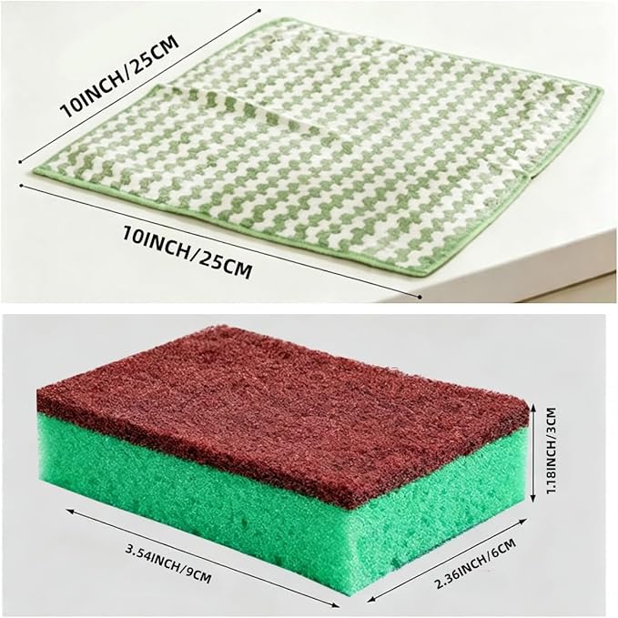 3 Kitchen Sponges+ 5 Striped Green Microfiber Cleaning Cloths, Absorbent Lint-Free Reusable for Kitchen Dishes, Quick-Drying Gentle on Surfaces