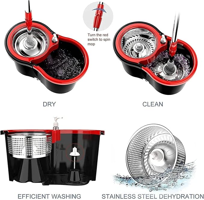 Spin Mop and Bucket, 360 Mop and Bucket with Wringer Set 3 Mop Heads, Stainless Steel Floor Spin Mop Bucket System for Floor Cleaning