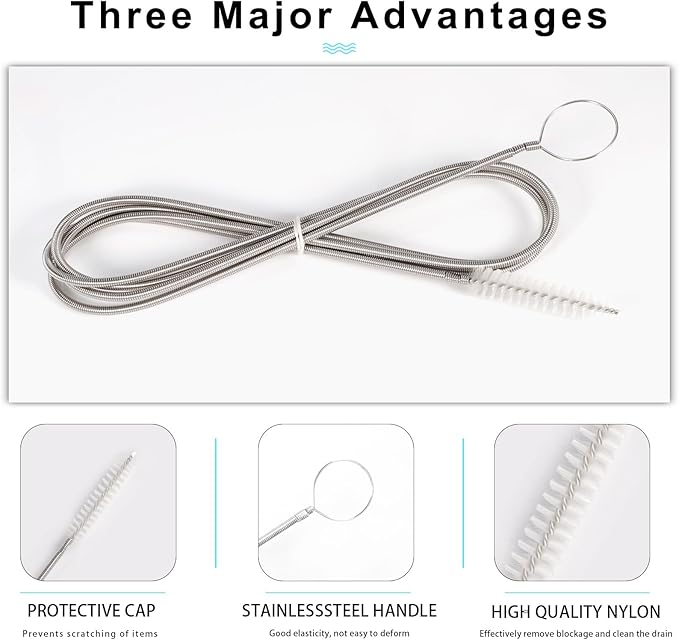 CiaraQ Bottle Cleaning Brushes, 8 Inch Nylon Tube Brush Set & A Flexible Long Drain Brush 60 inch, Cleaner for Narrow Neck Bottles Cups with Hook