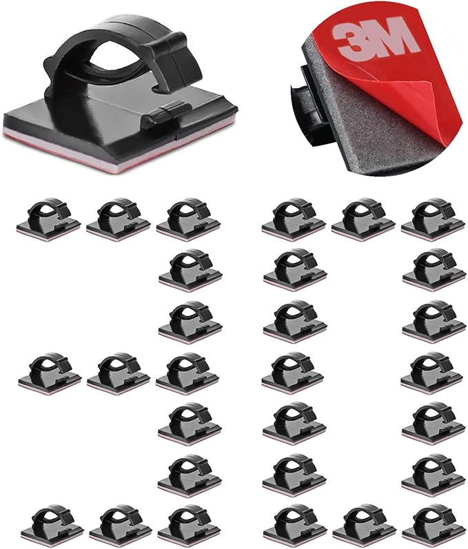 Cable Clips Self with 3M Adhesive Cord Organizer, Wire Holder Clamp Management Sticky for Desk Car Dash Cam Tables Wall, Black 30pcs