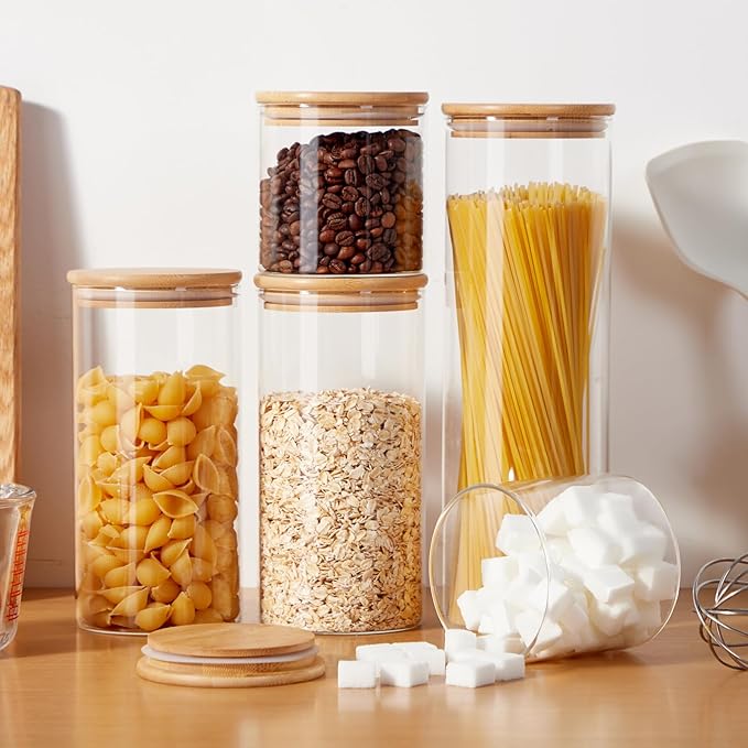 Glass Food Storage Jars with Lids[Set of 5], Perfect for Pasta, Cookies, Nuts, Coffee, Cereal, Flour, and More, Organize Your Kitchen and Pantry with these BPA-Free Glass Canisters