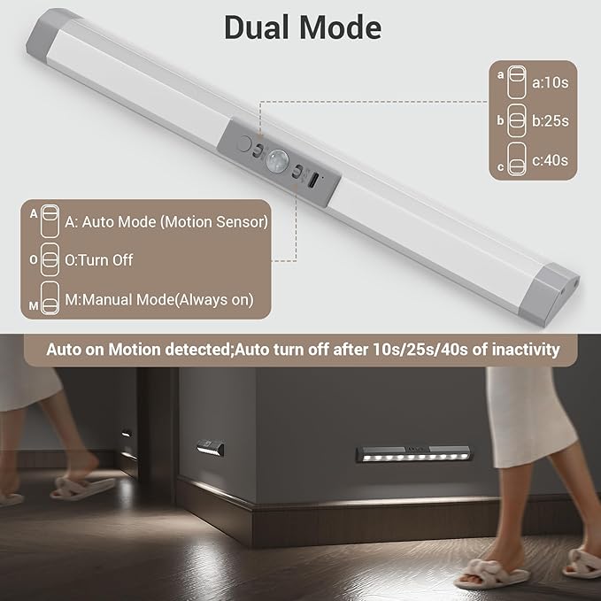WOBANE Rechargeable Motion Sensor Closet Light，3 Color Dimmable LED Bar with Eye Comfort Design，Magnetic Mount Wireless Battery Operated LED Lighting for Wardrobe，Stairs，Pantry，Hallway, 12inch, 2PCS