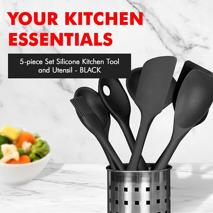 Chef Craft Premium Silicone Kitchen Tool and Utensil Set, 5 Piece, Black