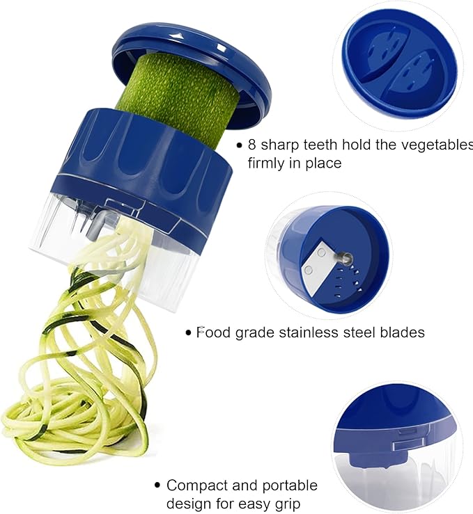 LHS Vegetable Spiralizer 3-in-1, Zucchini Spiralizer Noodle Maker, Adjustable Food-Grade Stainless Steel Blade, Zoodle Maker for Zucchini, Cucumber, Carrot, Veggie Pasta, Low-Carb Meals (Blue)