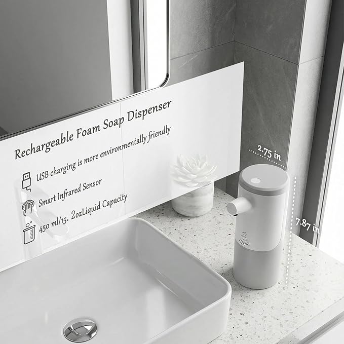 Foaming Soap Dispenser, Touchless & Rechargeable, Fingerprint-Resistant Matte Finish, Automatic Foam Soap Dispenser for Bathroom & Kitchen Countertop