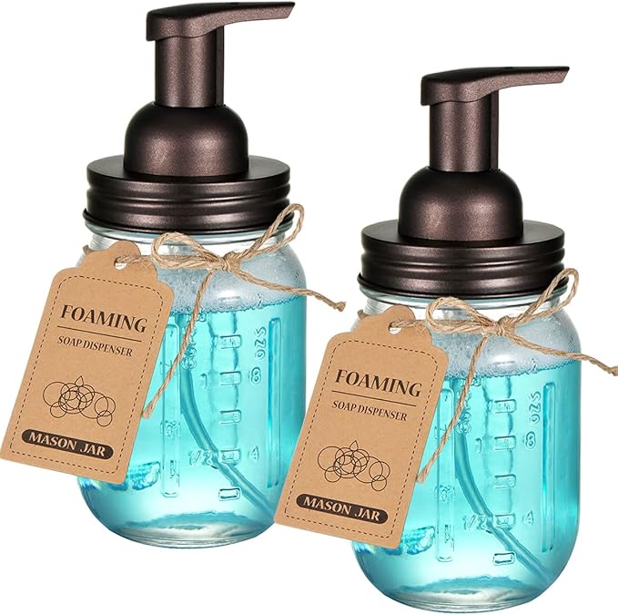 SheeChung Mason Jar Foaming Soap Dispenser-Rustproof Stainless Steel Lid & Foaming Soap Pump, Refill Foam Hand Soap Dispenser Glass for Bathroom Kitchen Vanities, Countertops-Bronze (2 pk)