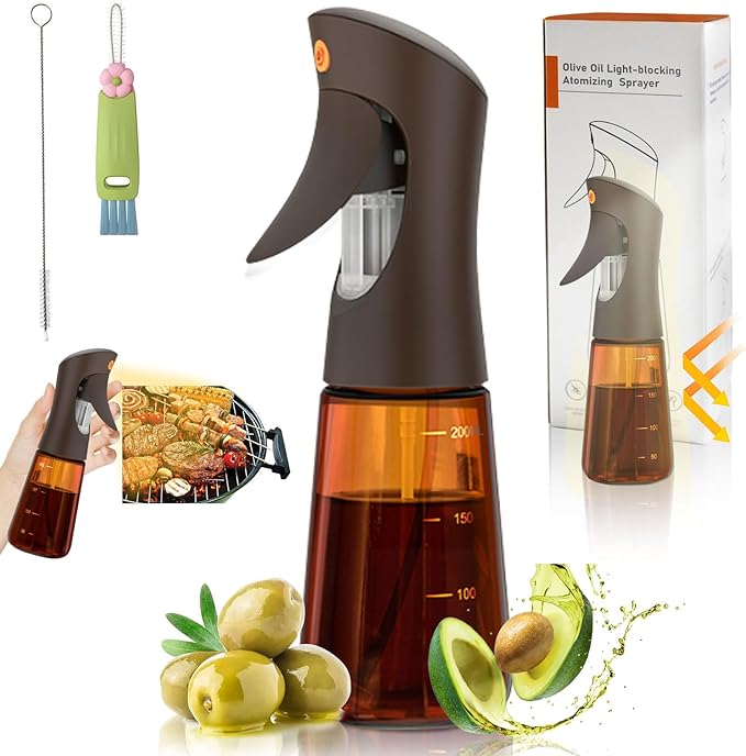 Olive Oil Sprayer for Cooking Glass, 200ml Olive Oil Dispenser Bottle Brown, Spray Bottles Oil Dispenser for Kitchen, Kitchen Gadgets for Salads, Grilling with 3 in 1 Cap Brush ＆ Straw Brush