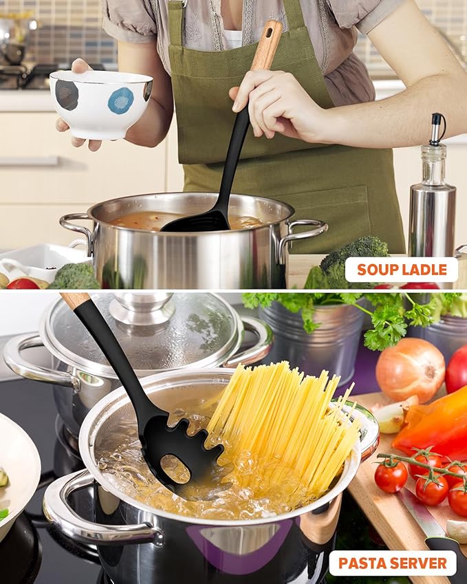 Pasta Fork and Ladle Set, Perfect for Serving Hot Soup, Stirring, and Sauce Pasta, BPA-Free Matte Silicone, Wood Handle Spaghetti Spoon for Nonstick Cooking Surfaces (Black)