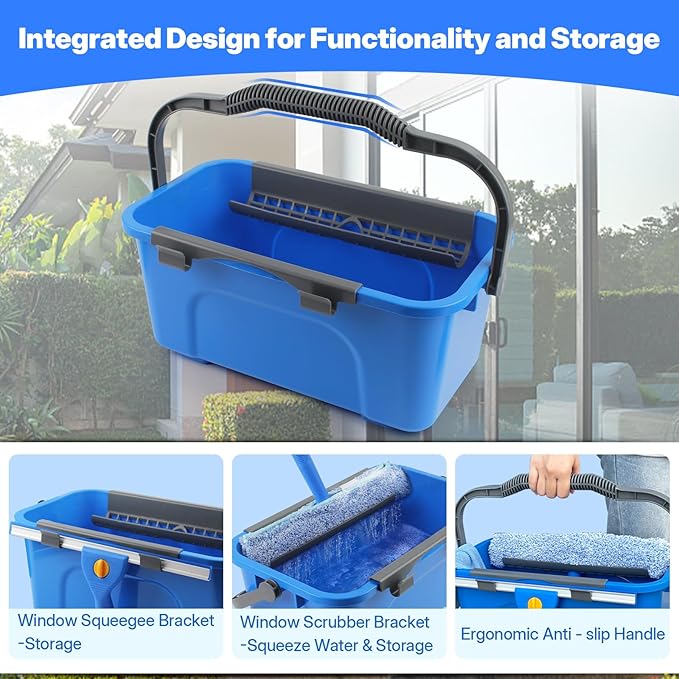 Professional Window Cleaning Kit with Bucket 3 Gallon, 76" Long Handle Window Squeegee and Microfiber Scrubber, High Windows Washing Equipment