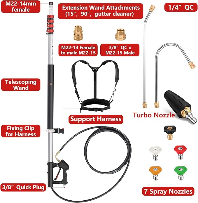 24 FT Telescoping Pressure Washer Wand - Turbo Nozzle Attachment Power Washer Extension Wands with 5 Spray Nozzle Tips, 2 Hose Adapters & Support Belt