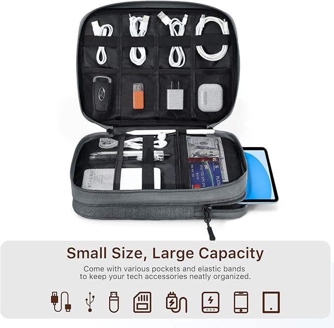 Dadanism Electronics Travel Organizer Case, Double Layers Cord Organizer Travel All-in-One Storage Bag for Cable, Cord, iPad, Chargers, fits 9-11'' Tablets, Portable Tech Accessories Bag, Space Gray