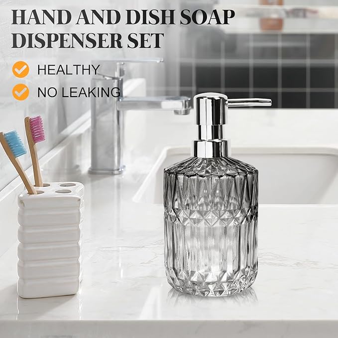 Glass Soap Dispenser with Plastic Pump, 2 Pack 12oz Gradient Diamond Hand & Refillable Lotion Dispenser & Dish Bathroom Soap Dispenser for Liquid, Shower Gel