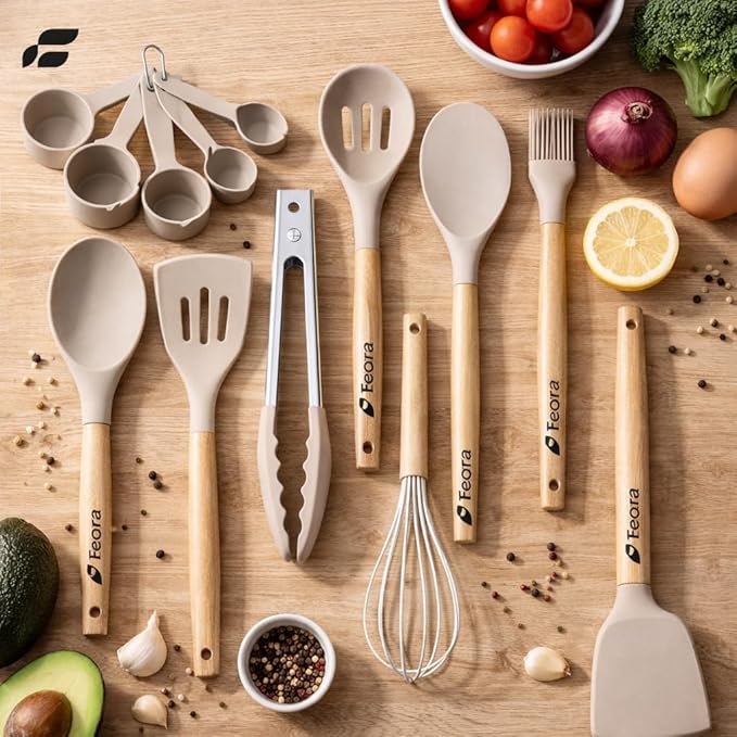 Silicone Kitchen Cooking Utensils Set, 33pcs – 446°F Heat Resistant, Non-stick, BPA-Free, Wooden Handles, Spatula, Turner, Tongs, Spoon, Brush, Whisk – Essential Cooking Gadgets (Khaki)