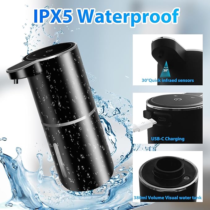 2 Pack Automatic Foaming Soap Dispenser,12.8oz/380ml USB Rechargeable 4 Level Adjustable Electric Hand Soap Dispenser for Bathroom,Kitchen,Hotel,Restaurant(Black,P11)