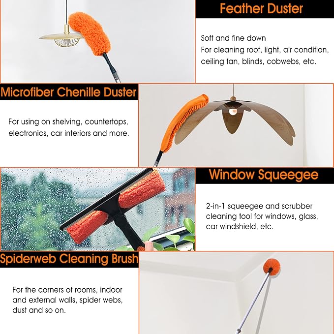 Buyplus 26FT Reach Dusting Kit, Long Duster with 5-20FT Extension Pole for High Ceilings, Cobweb Duster, Microfiber Duster, Window Squeegee