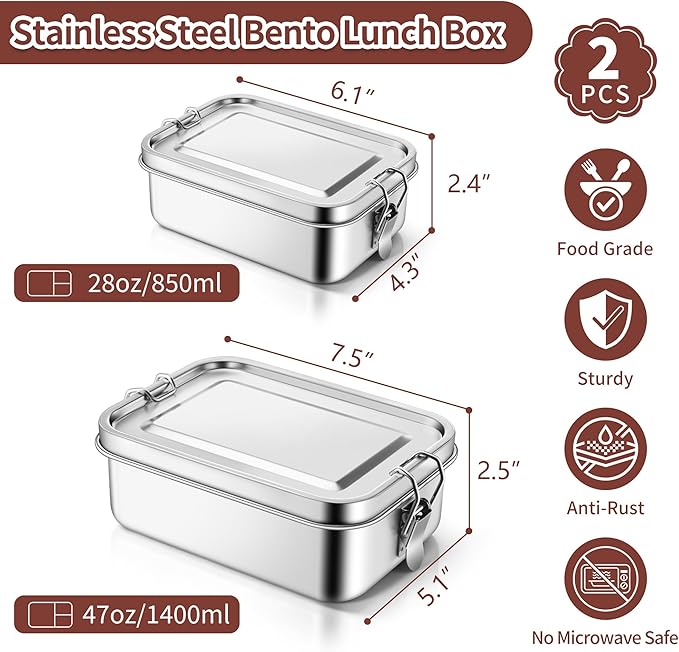 TeamFar 2 Pack Stainless Steel Bento Box, 28 & 47oz Metal Lunch Box with 3 Compartments for Adults/Kids, Lunch Food Containers for School/Work/Meal Prep, Leak-Proof & Dishwasher Safe, 850ML+1400ML