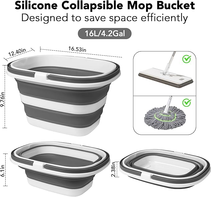 Large Collapsible Mop Bucket, 16L(4.2 Gallon) Plastic Bucket for House Cleaning, Car Washing, Silicone Cleaning Supplier Organizer, Portable Basket with Handle for Laundry Storage, RV Camping, Fishing
