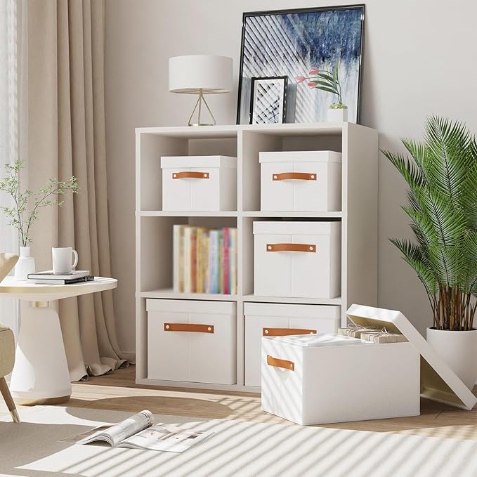 Foldable Storage Bin, 10.2×7.8×6.7 Inch Storage Box with Lid, Closet Organizer for Organizing with Handles, White, 1-Pack