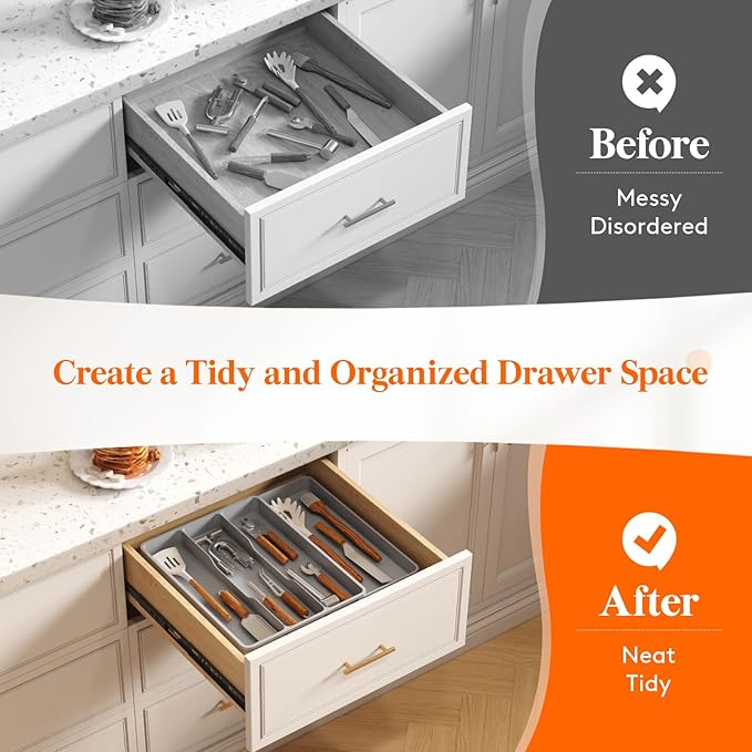 Lifewit Utensil Organizer for Kitchen Drawer, Expandable Cooking Silverware Tray, Adjustable Cutlery Flatware Holder
