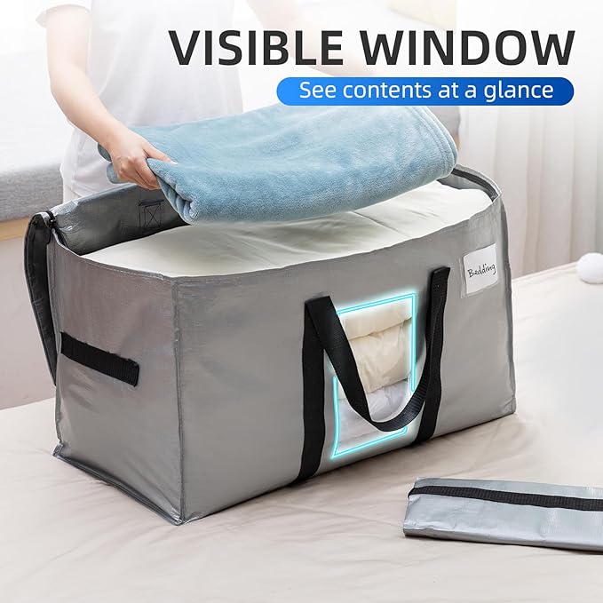 TAILI Extra Large Moving Bags, 2 Pack Silver Heavy Duty Totes for Storage with Visible Window, Wrap Around Handles, Storage Bags for Space Saving