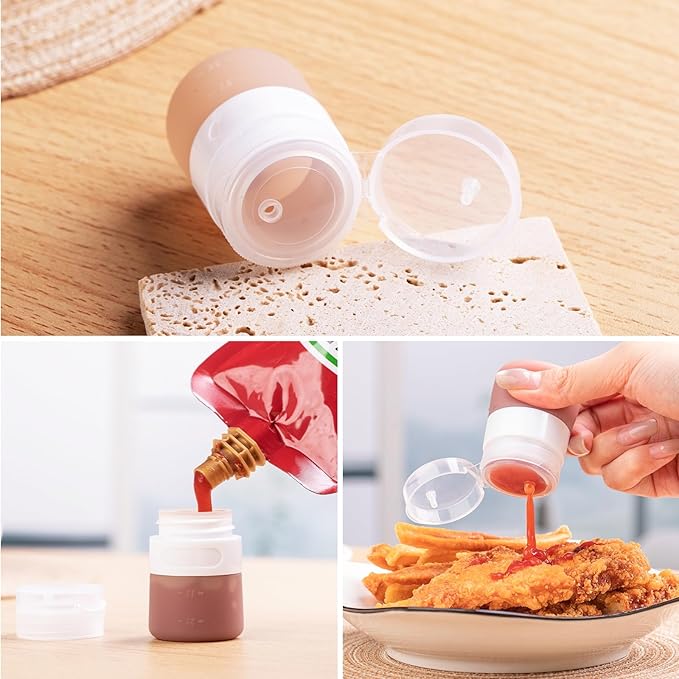 MICEBAY 8-Pack Salad Dressing Container To Go, 1-oz Silicone Small Condiment Squeeze Bottles and 1.6 oz Stainless Steel Sauce Containers Cups