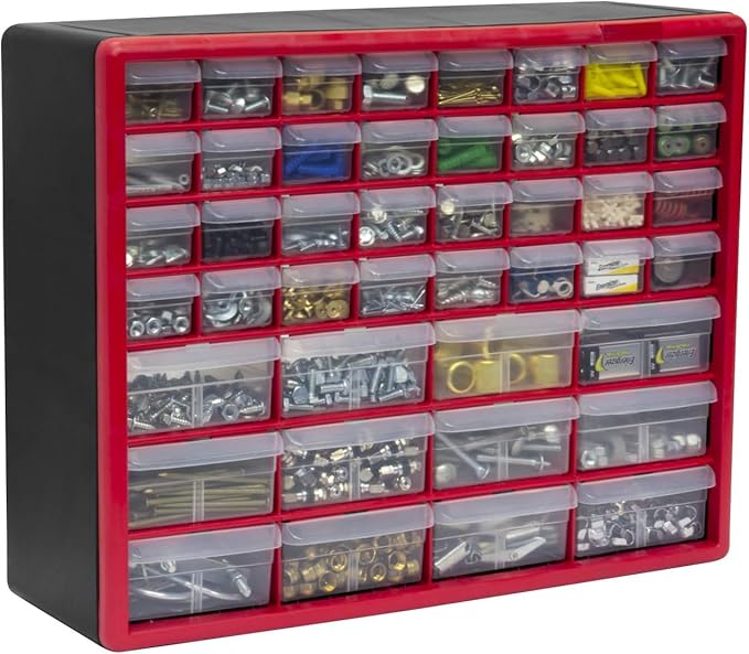 Akro-Mils 44-Drawer Plastic Drawer Storage Cabinet for Garage Organization, Bead Organizer, Building Bricks Storage, Teacher Toolbox, Makeup Organizer, 20-Inch W x 6-Inch D x 16-Inch H, 10144 Red