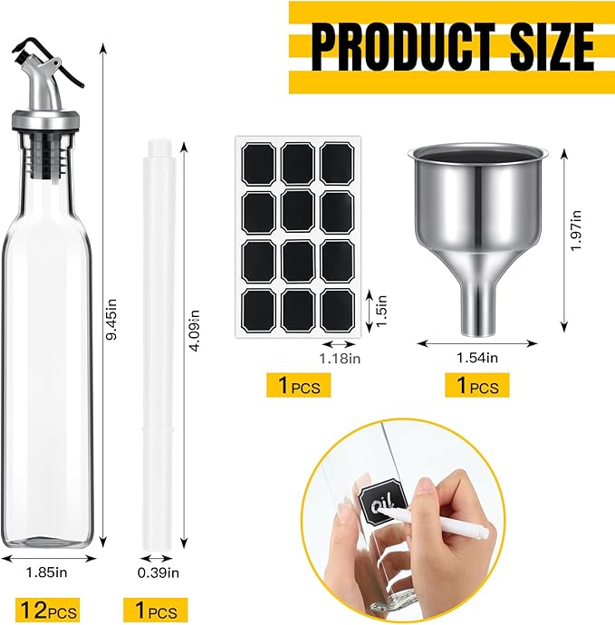 Hushee 12 Pcs Clear Glass Olive Oil Dispenser Bottles Sets Include 8oz Glass Bottle with Spout Oil Vinegar Cruet Container for Kitchen Stainless Steel Funnel Black Labels with White Pen(Silver)