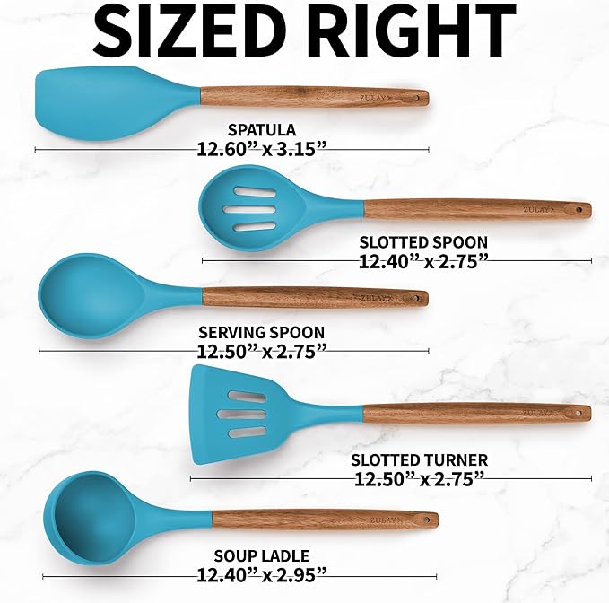 Zulay Kitchen Non-Stick Cooking Utensils Set with Authentic Acacia Wood Handles – 5-Piece Durable & Stylish Silicone Kitchen Utensils Set – Heat Resistant to 464°F – Blue