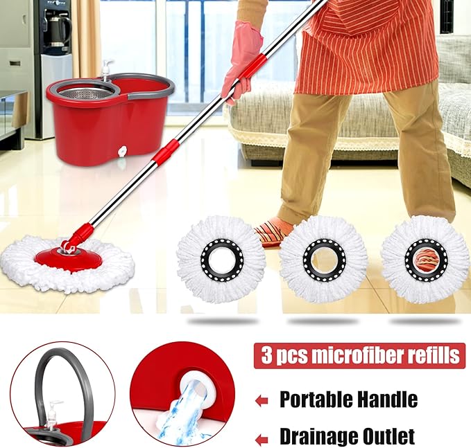 Spin Mop and Bucket, Microfiber Spin Mop & Bucket Floor Cleaning System, Spin Mop Kit with 3 Mop Heads, Mop with Stainless Steel Wringer, 61 inches Telescoping Mop Rod (Red)