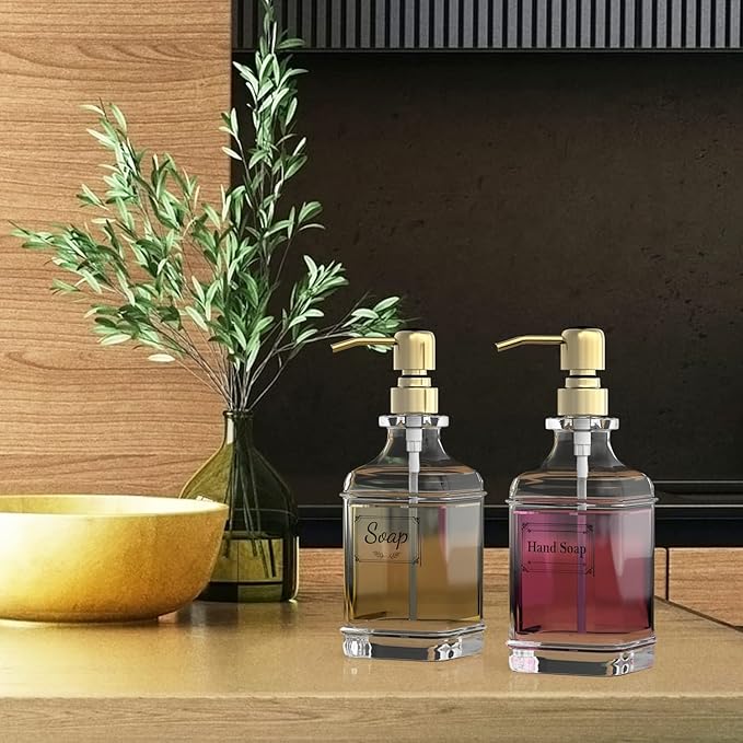 GLADPURE Soap Dispenser - 2 Pack, 18 Oz Antique Design Thick Glass Hand Soap Dispensers; with 304 Rust Proof Stainless Steel Pump, 6Pcs Clear Stickers, for Kitchen, Bathroom - Gold