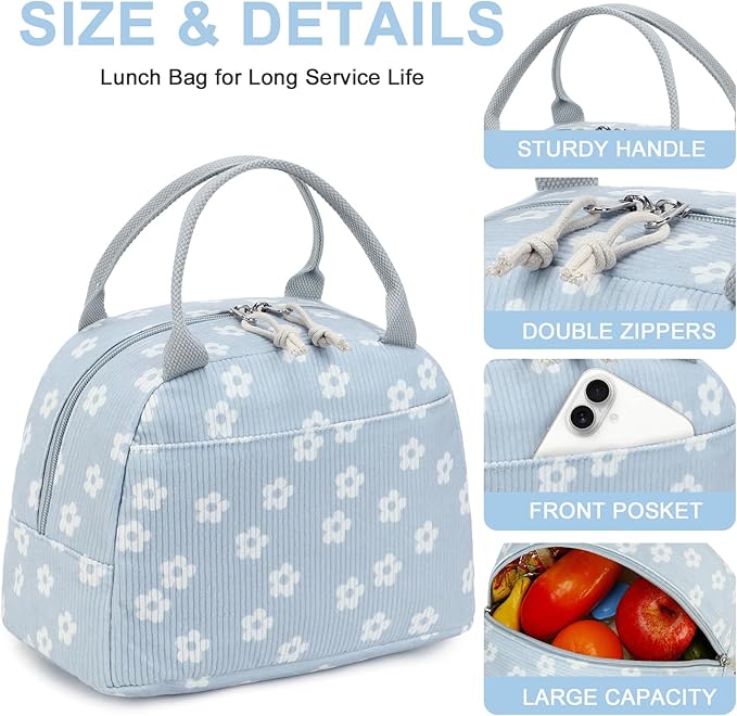 Bluboon Corduroy Lunch Bag - Large, Reusable Insulated Tote for Work/Picnic