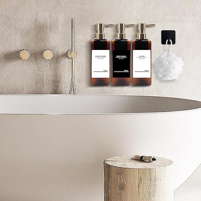 Shampoo Dispenser for Shower Wall, Shampoo and Conditioner Dispenser with 16 Waterproof Labels, No Drill Shower Soap Dispenser Bathroom, Shower Soap Dispenser Wall Mounted 3 Chamber, 17oz, Gold Amber
