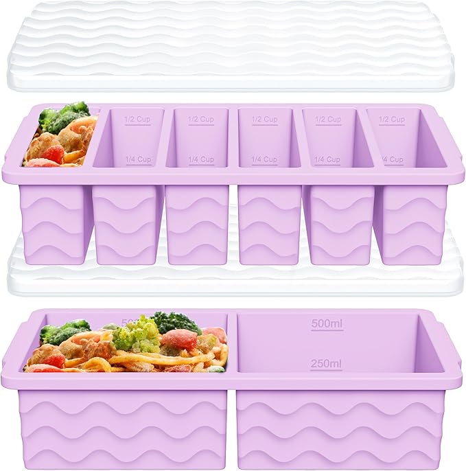 2-Pack Silicone Freezer Trays with Lid, 2 Large 2-Cup(500ml) & 6 Small 1/2-Cup(125ml) Soup Freezer Container Molds
