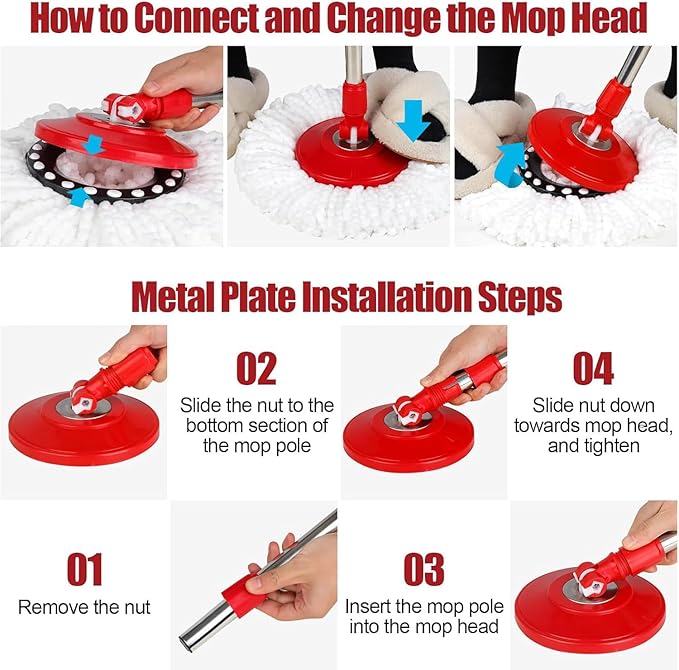 Spin Mop and Bucket Set with Wringer,360° Spinning Mop,for Floor Cleaning,with Adjustable Handle and3 Microfiber Mop Replacement Heads (Red)