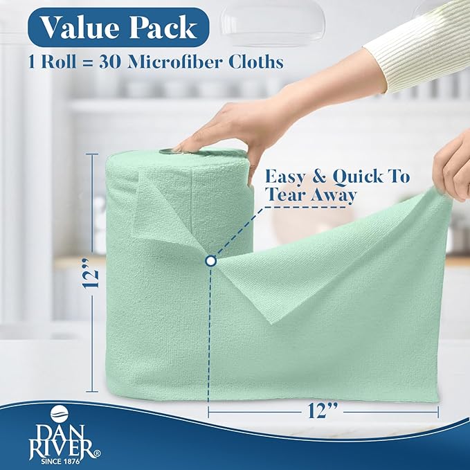 DAN RIVER Microfiber Cleaning Cloth Roll - 30 Pack, 12x12 Inch Reusable Tear Away Lint-Free Cloths for Kitchen, Car and Home -Streak-Free Towels for Dusting, Glass, Electronics & Dish Cleaning (Green)