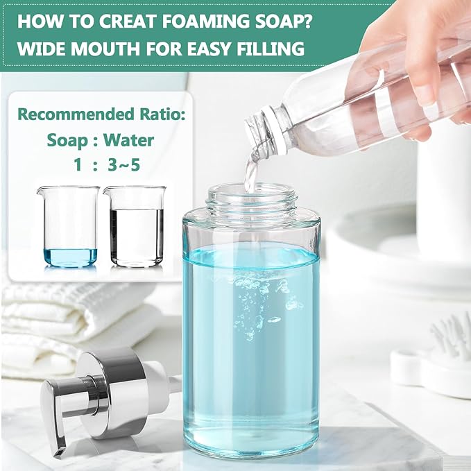 RYTOXILO Glass Soap Dispenser, 10 oz/300ml Foaming Soap Dispenser, 4 Pack Foaming Hand Dispenser for Bathroom & Kitchen, Clear Refillable Foam Soap Bottle with Silver Pump