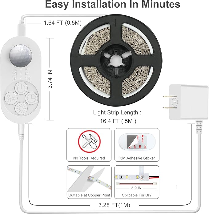 Motion Sensor Under Cabinet Light, Plug-in Under Cabinet Lighting with Dimmer, Delay Timer for Kitchen Cabinet, Pantry, Laundry, Bedroom, Stairway
