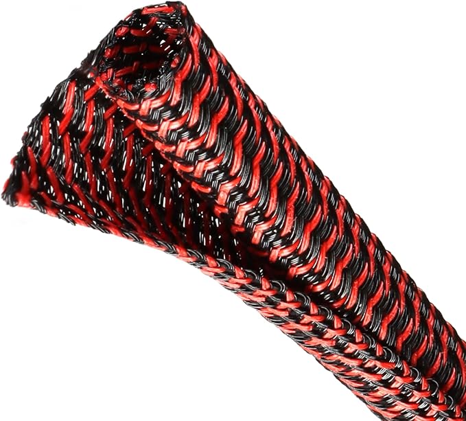 Split Wire Loom Tubing, Cable Protector Sleeve, Braided Cable Management for TV/Computer/Home Theater/Engine Bay, Cord Protectors from Pets No Chew (Red and Black, 3/8"-25ft)